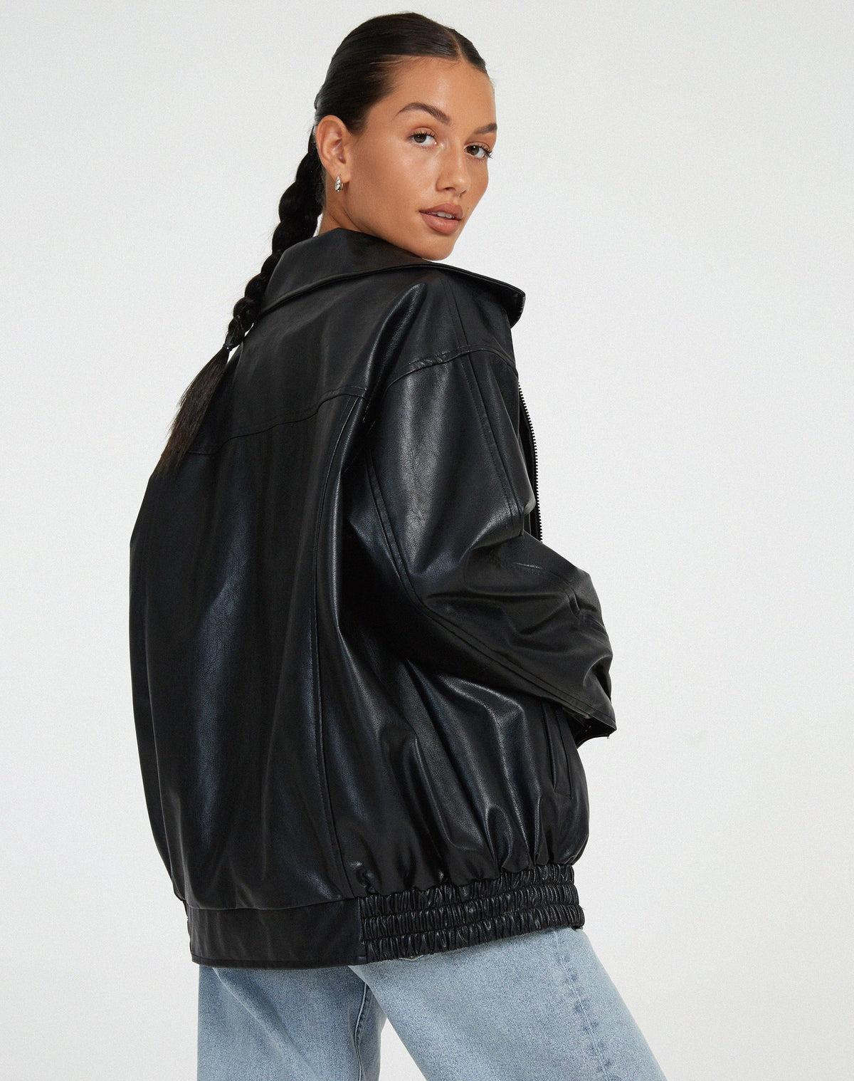 Oversized Faux Leather Bomber Jacket with Zip Front