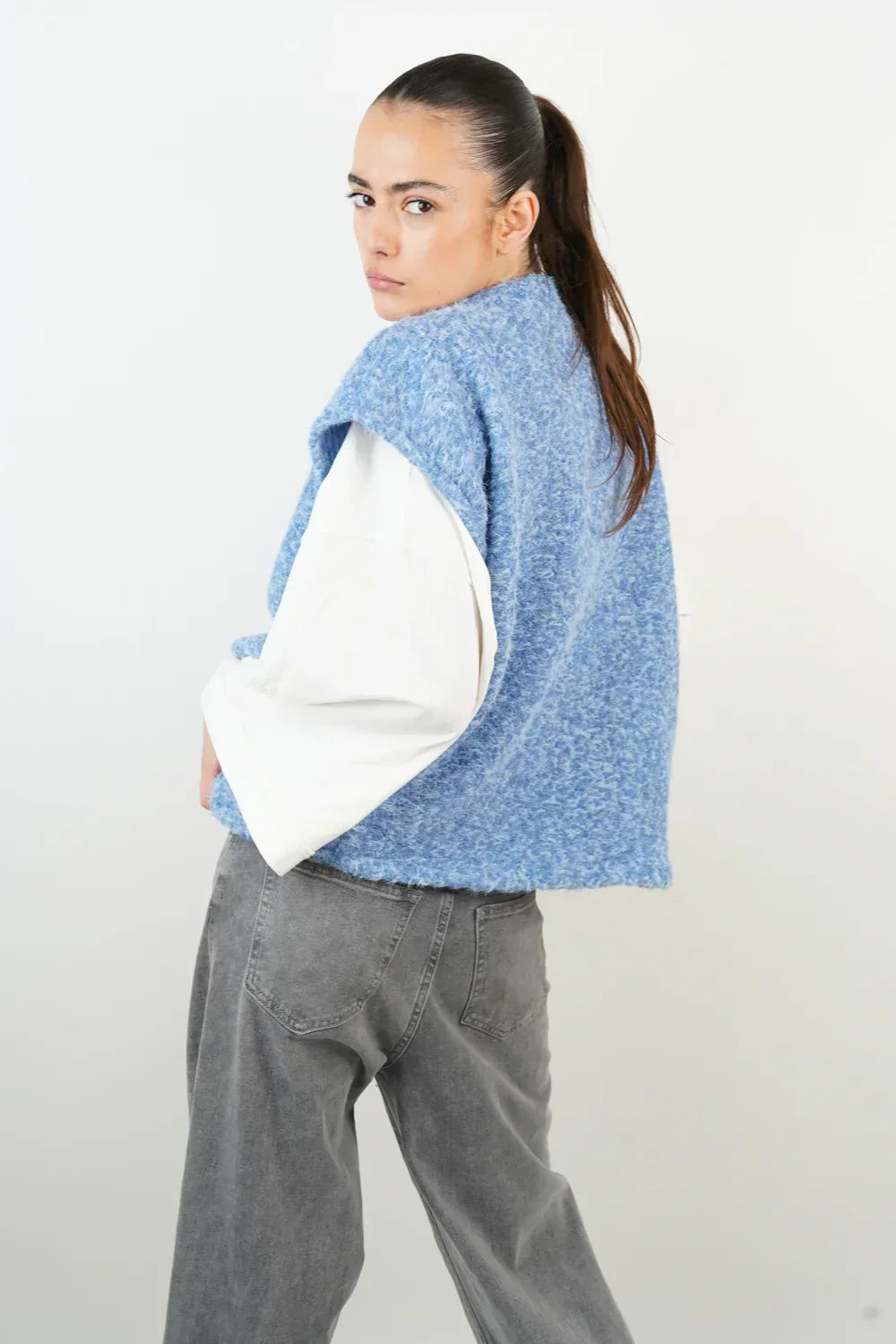Oversized Knit Vest with Open Front and Boucle Texture