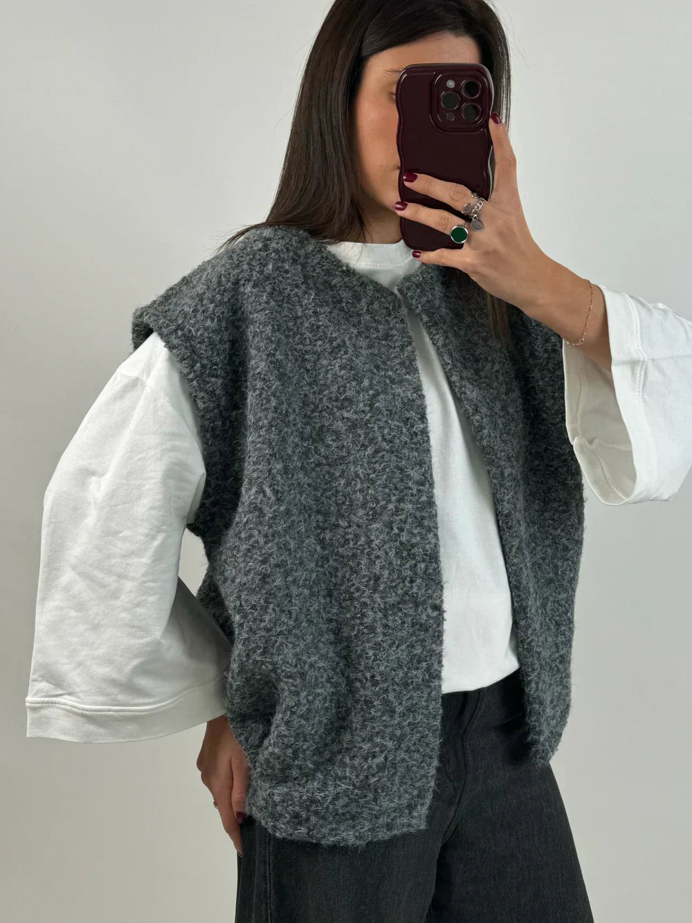 Oversized Knit Vest with Open Front and Boucle Texture