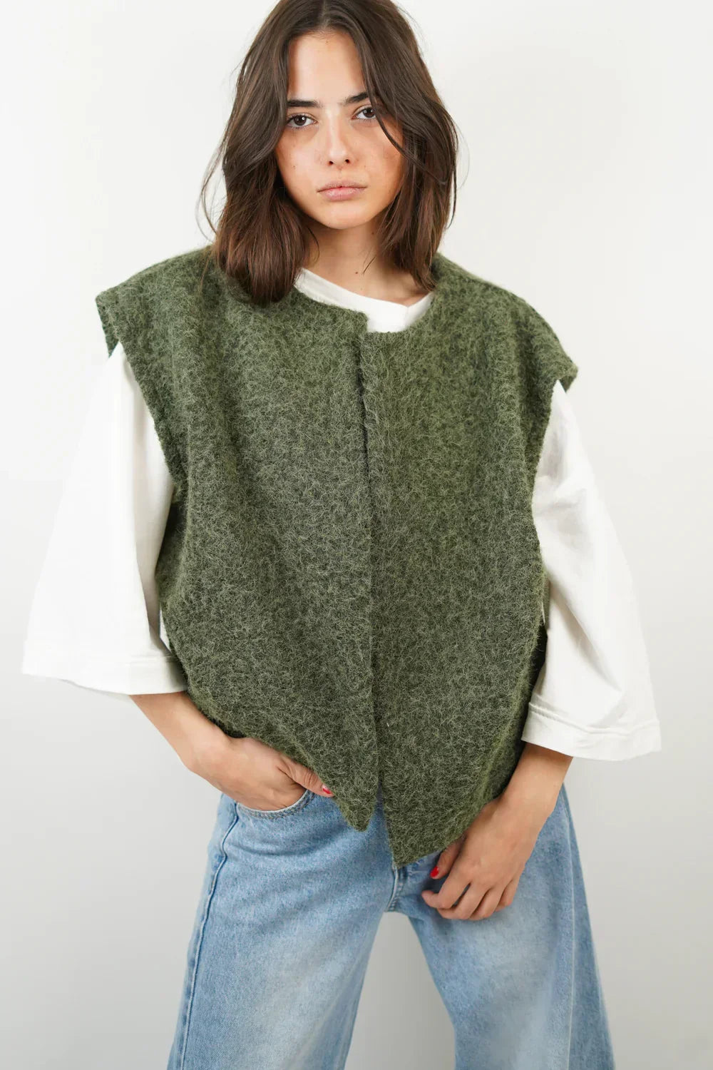 Oversized Knit Vest with Open Front and Boucle Texture