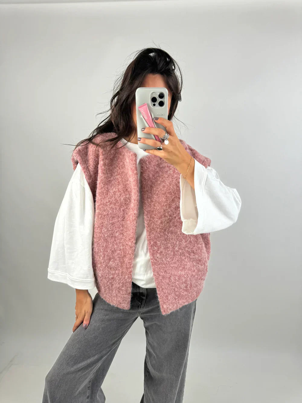 Oversized Knit Vest with Open Front and Boucle Texture