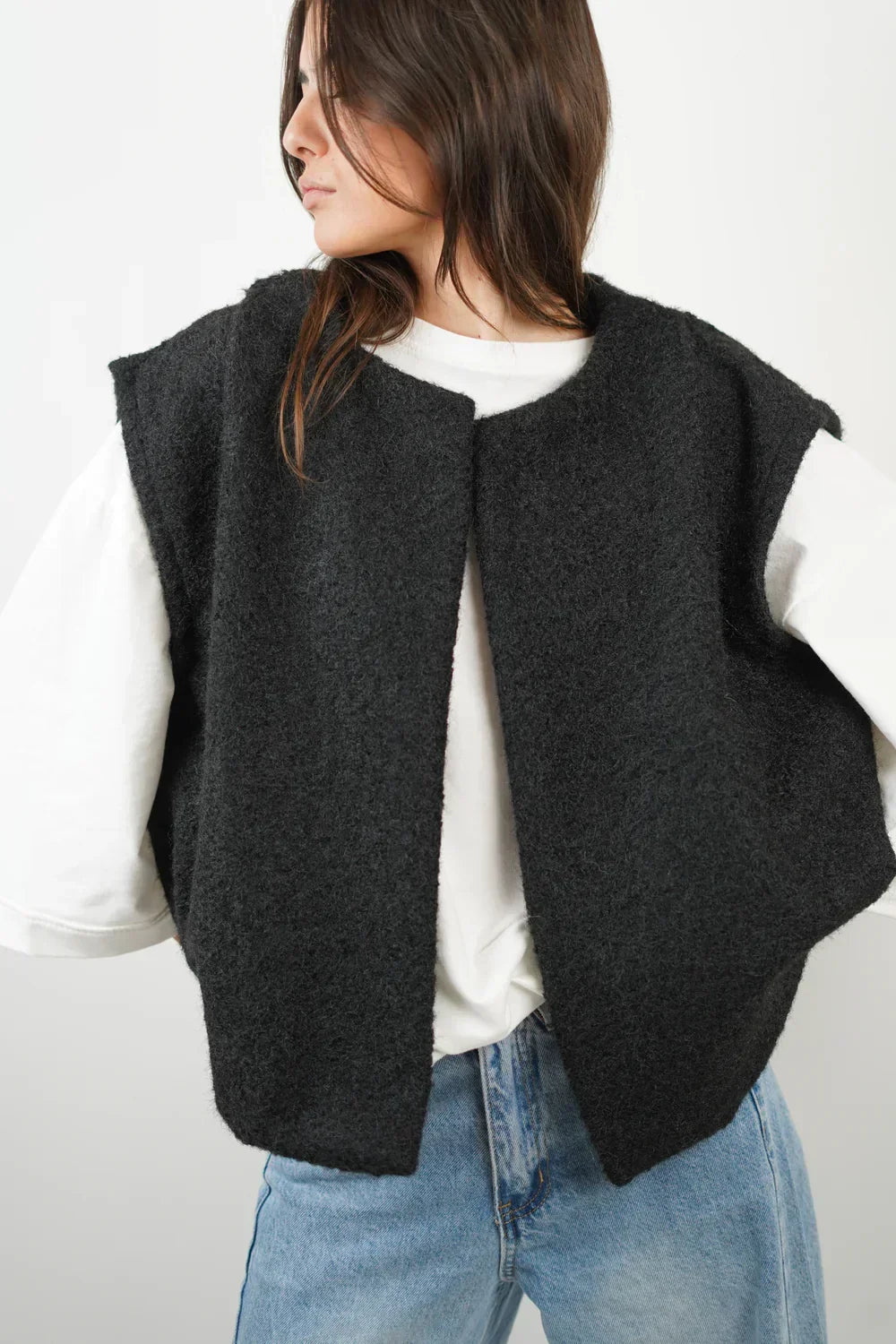 Oversized Knit Vest with Open Front and Boucle Texture