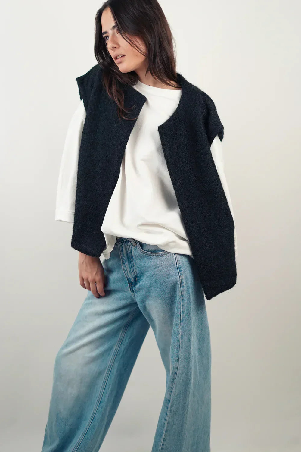 Oversized Knit Vest with Open Front and Boucle Texture