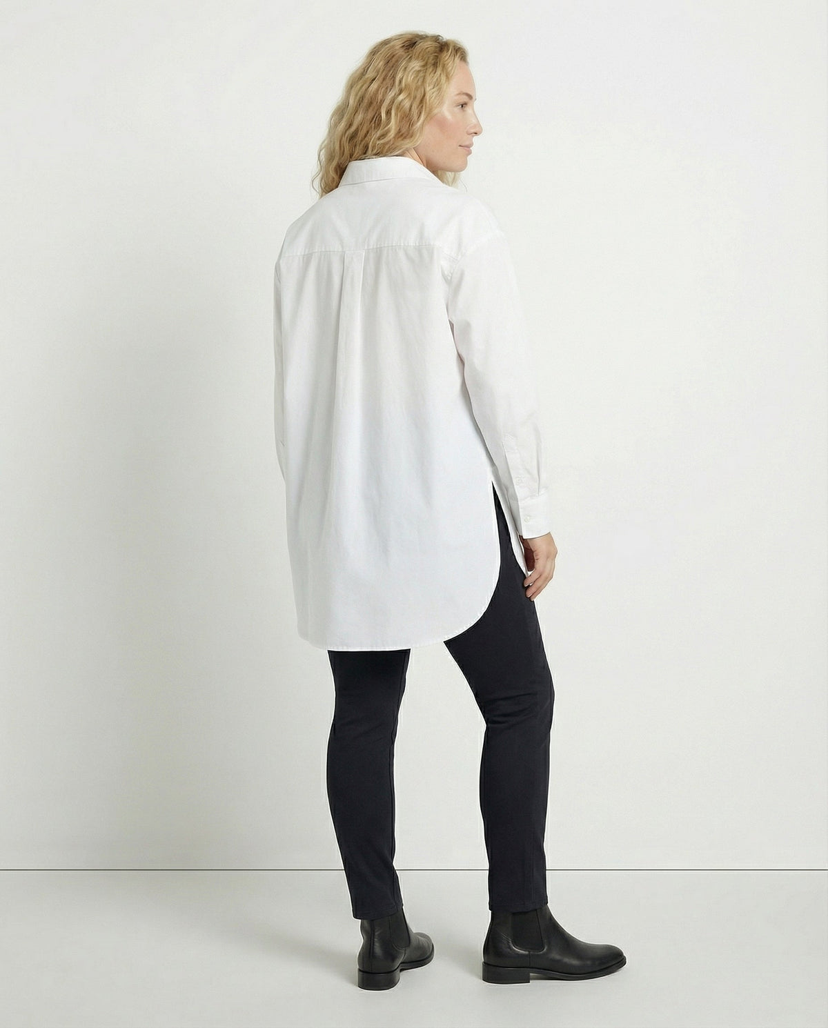 Oversized Long Shirt with Curved Hem and Classic Collar
