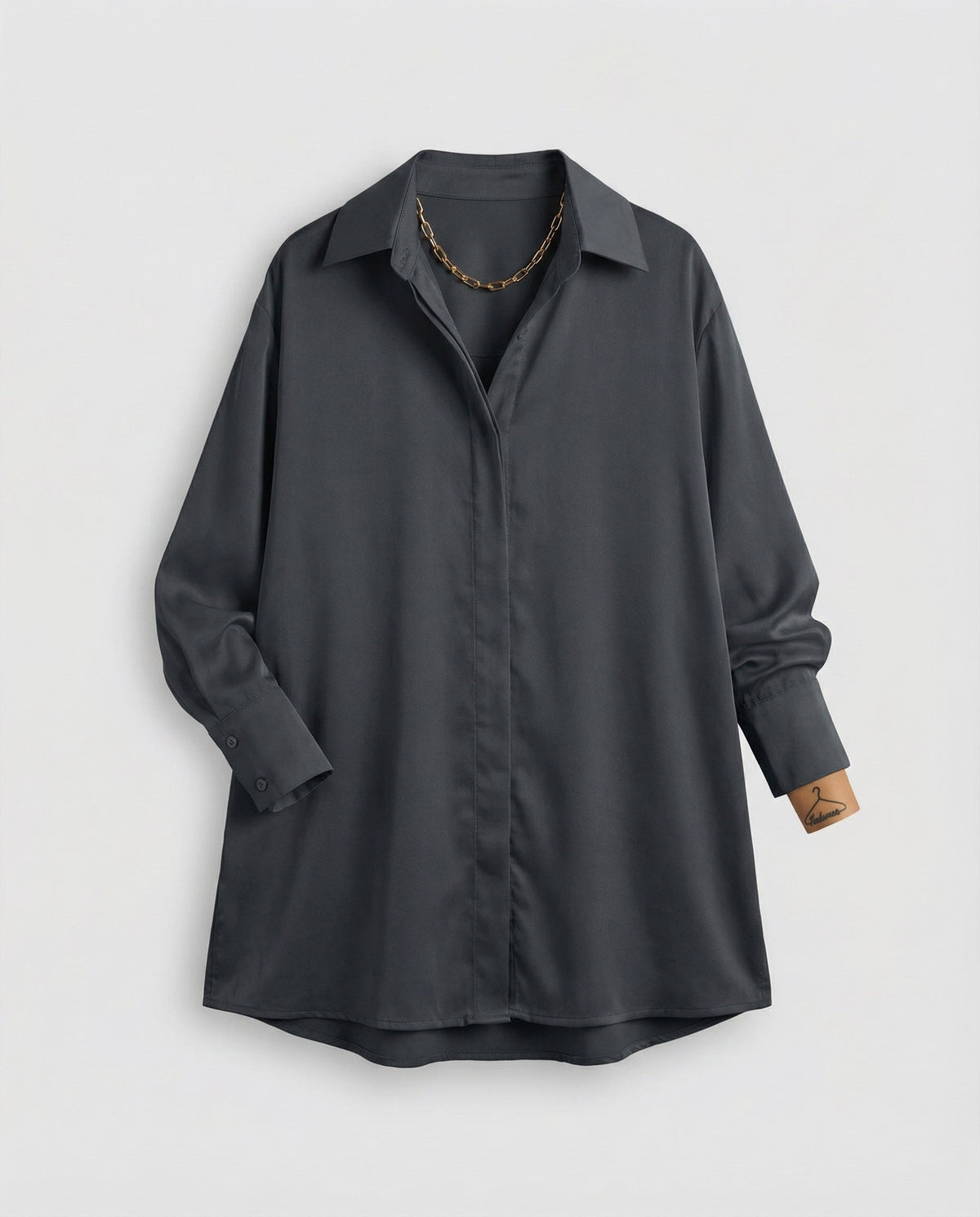 Oversized Long Shirt with Curved Hem and Classic Collar