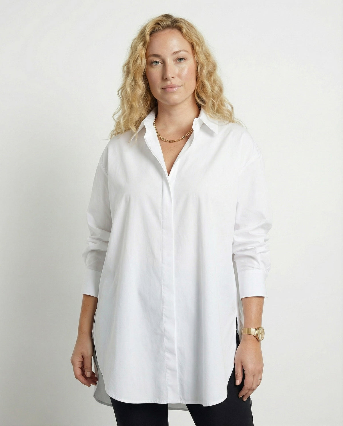 Oversized Long Shirt with Curved Hem and Classic Collar