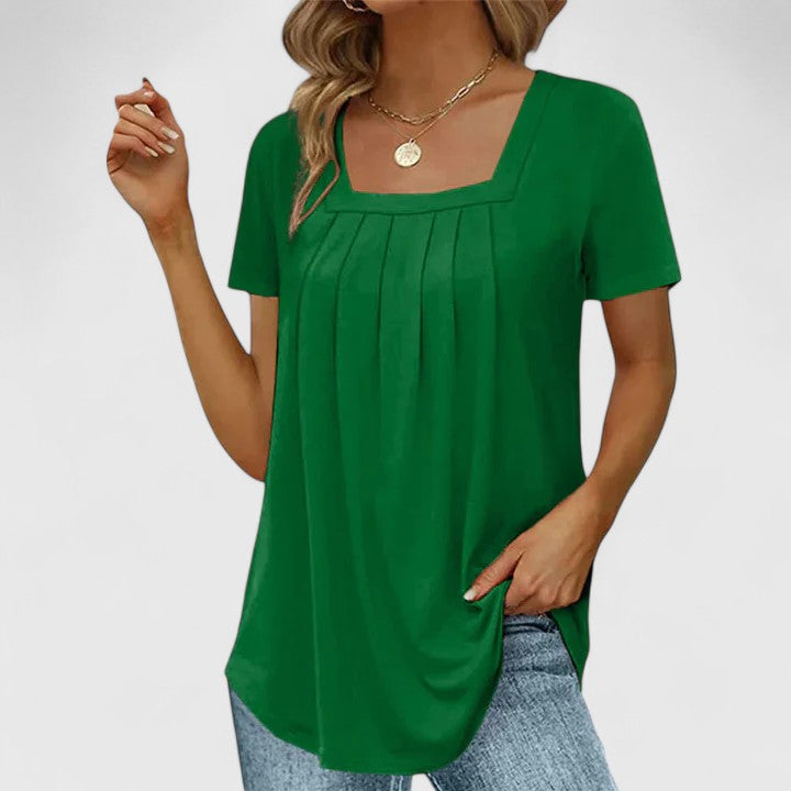 Elegant Pleated Square Neck Top with Short Sleeves