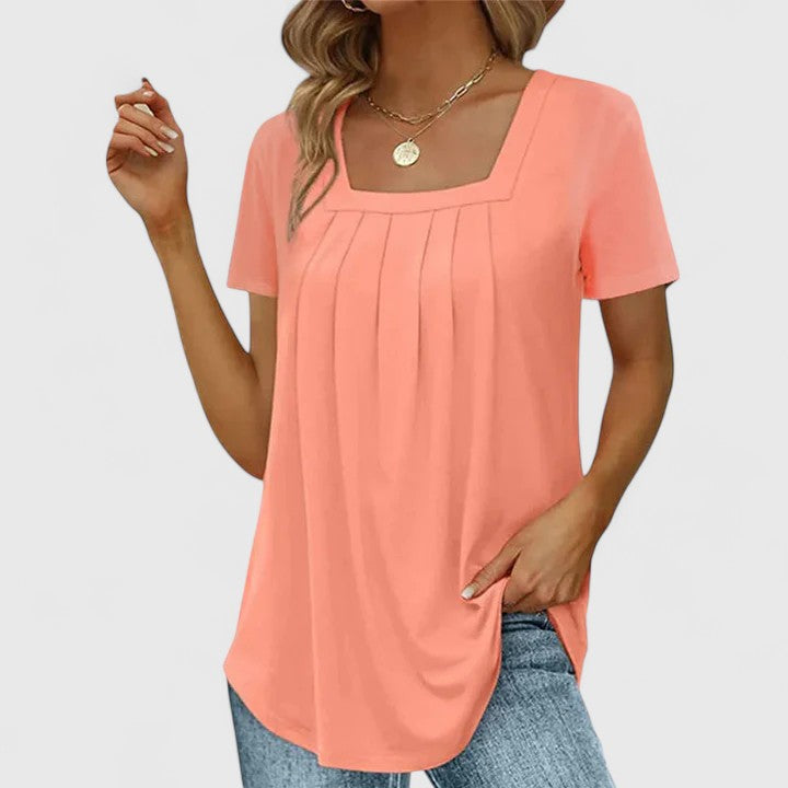 Elegant Pleated Square Neck Top with Short Sleeves