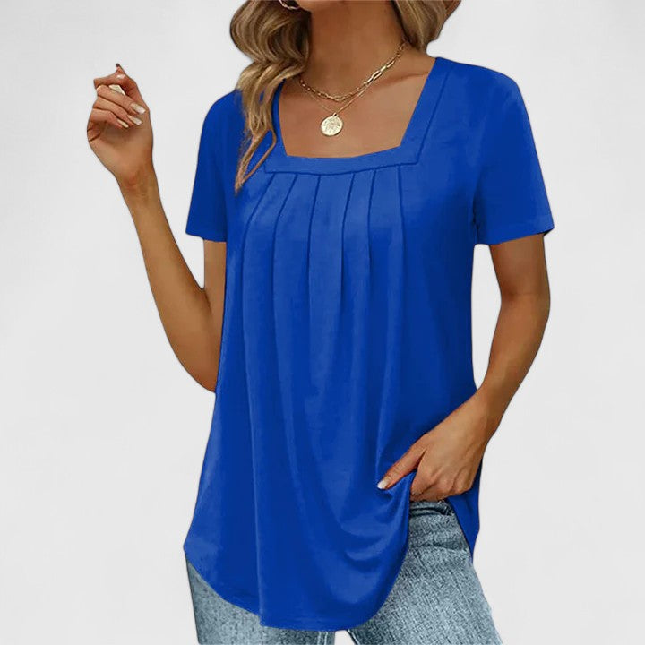 Elegant Pleated Square Neck Top with Short Sleeves