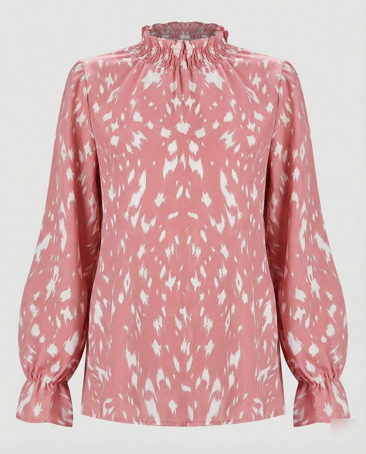 Relaxed Animal Print Blouse with Ruffle Neck and Puff Sleeves