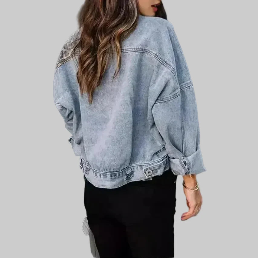 Relaxed Fit Denim Jacket with Leopard Print Panel Detail