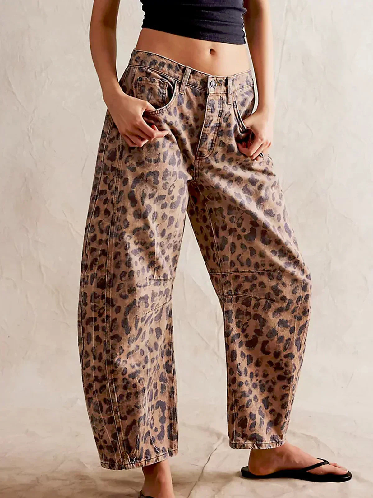 Relaxed Leopard Barrel Leg Jeans with Curved Seam Detail
