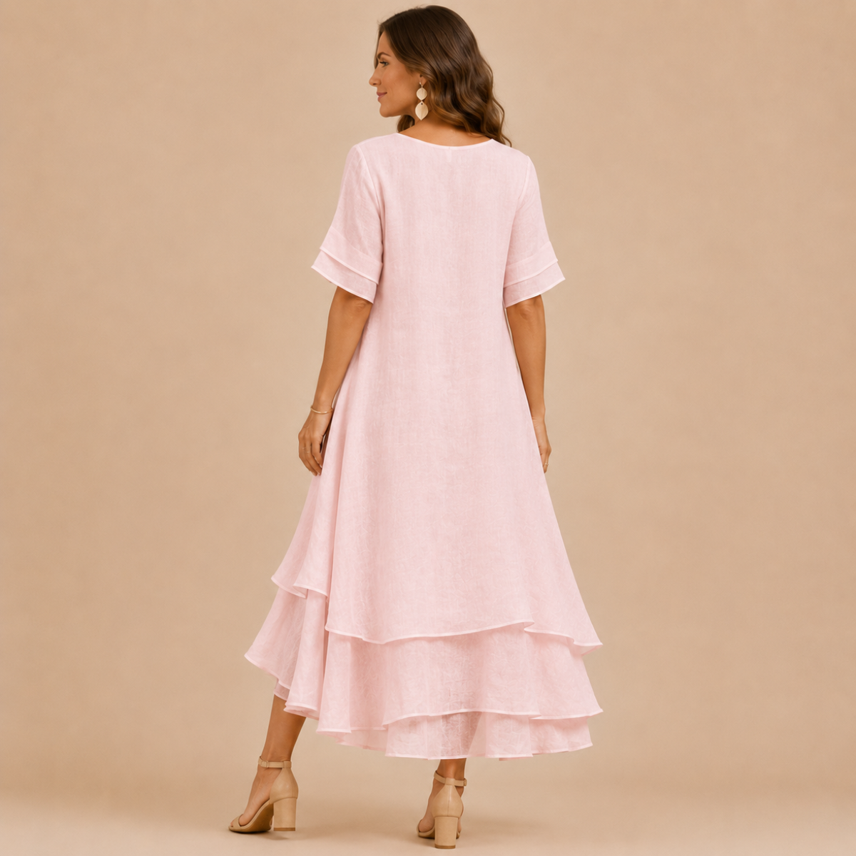 Relaxed Linen Maxi Dress with Layered Tiered Skirt and Short Sleeves