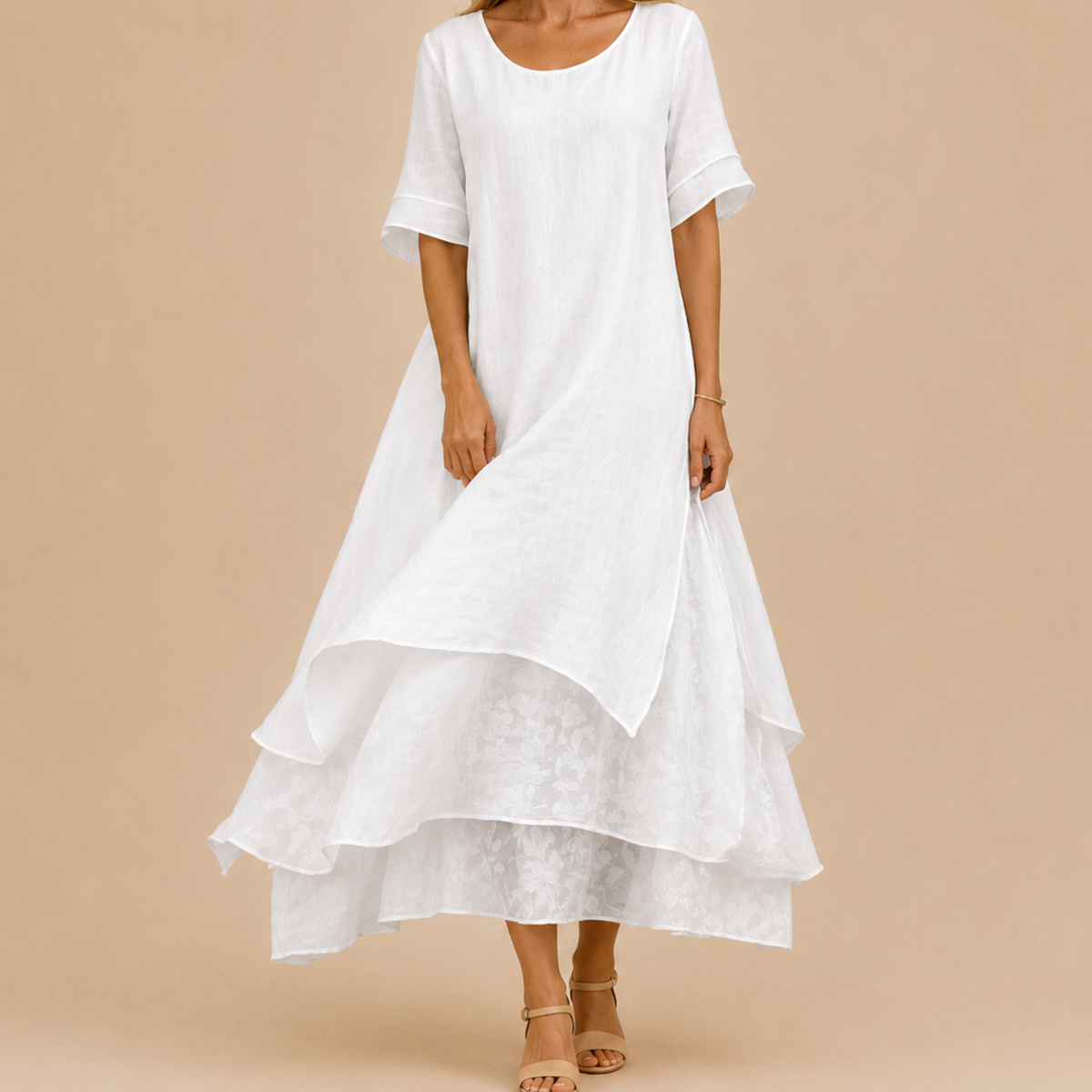Relaxed Linen Maxi Dress with Layered Tiered Skirt and Short Sleeves