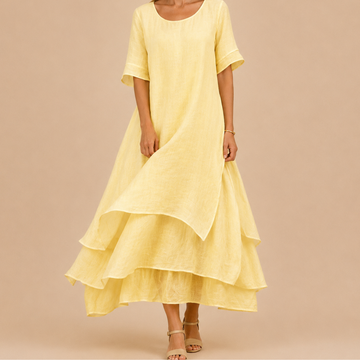 Relaxed Linen Maxi Dress with Layered Tiered Skirt and Short Sleeves