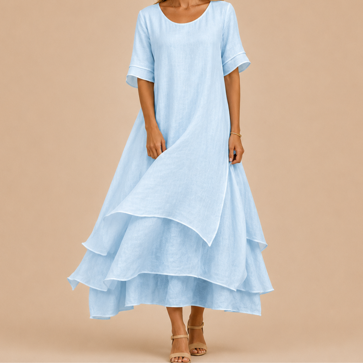 Relaxed Linen Maxi Dress with Layered Tiered Skirt and Short Sleeves
