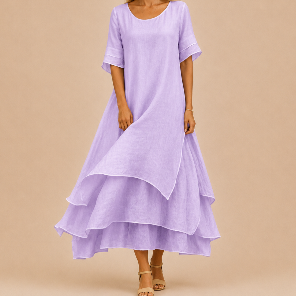 Relaxed Linen Maxi Dress with Layered Tiered Skirt and Short Sleeves