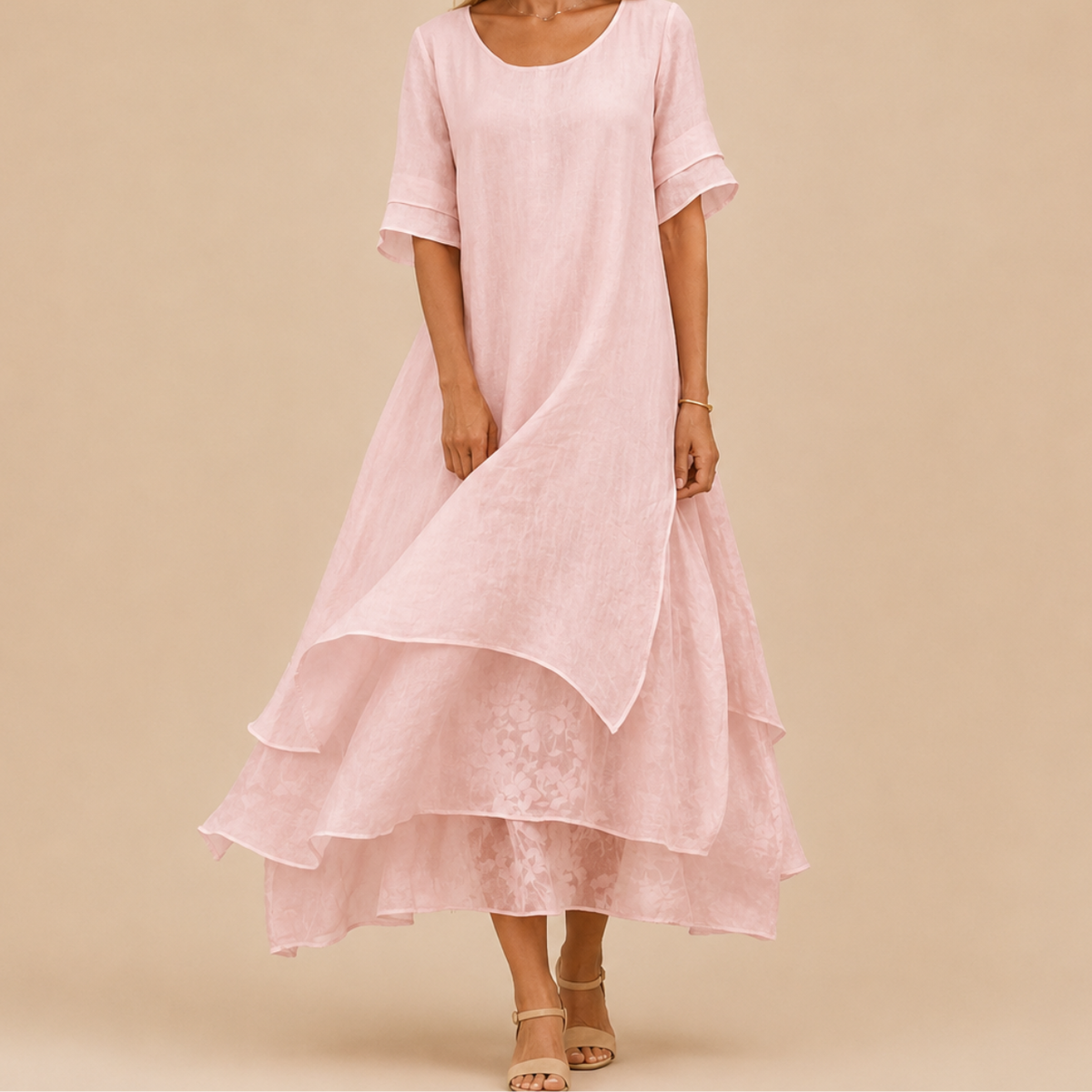 Relaxed Linen Maxi Dress with Layered Tiered Skirt and Short Sleeves