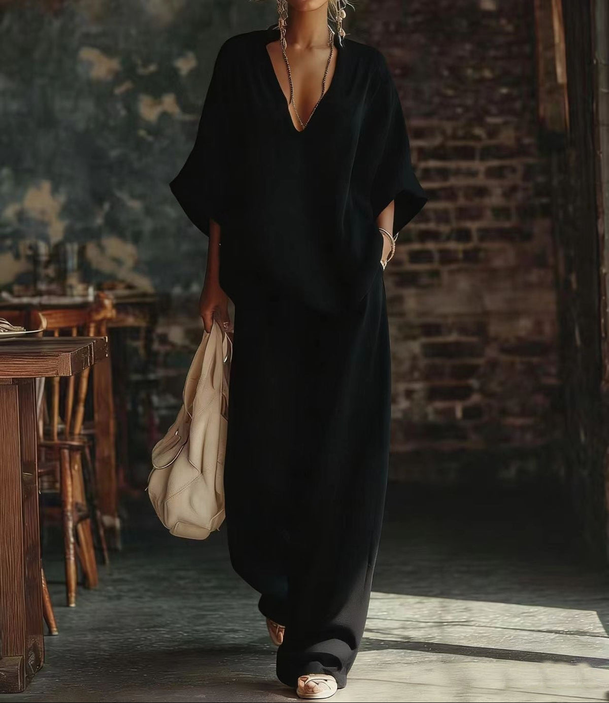 Relaxed Linen-Style Two Piece Set with V-Neckline Top and Wide Leg Trousers