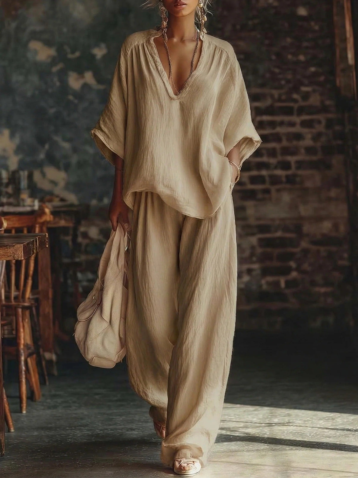 Relaxed Linen-Style Two Piece Set with V-Neckline Top and Wide Leg Trousers