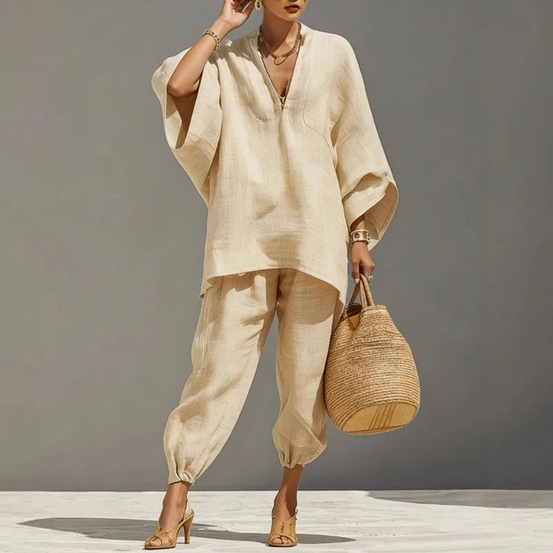 Relaxed Linen Two Piece Set with Oversized Top and Tapered Trousers