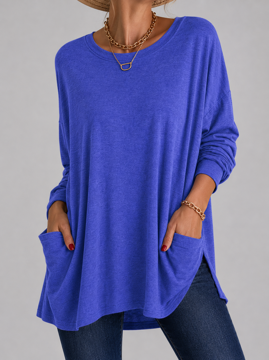 Relaxed Long Tunic Top with Round Neck and Front Pockets