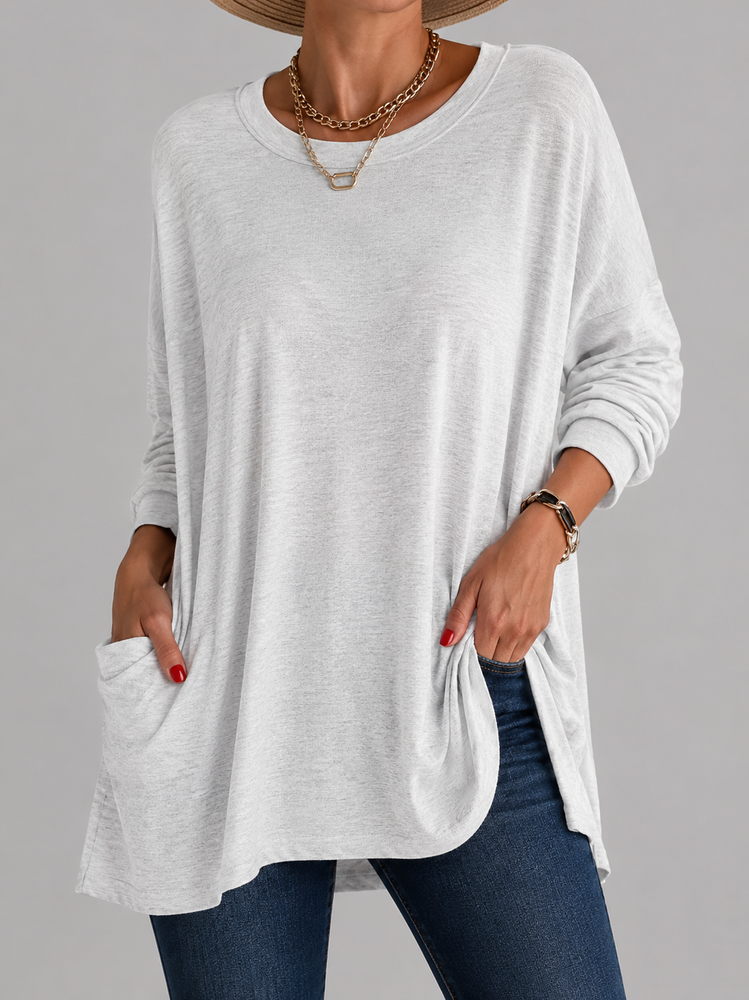 Relaxed Long Tunic Top with Round Neck and Front Pockets