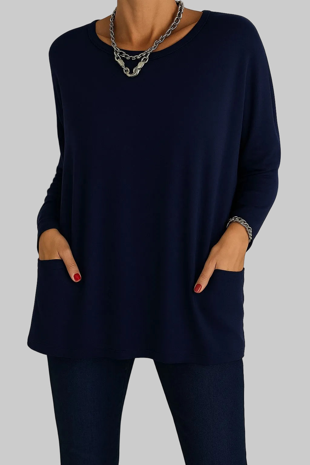 Relaxed Long Tunic Top with Round Neck and Front Pockets