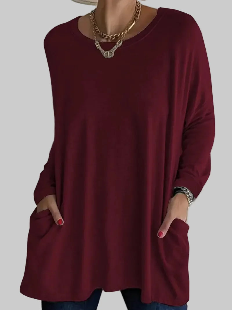 Relaxed Long Tunic Top with Round Neck and Front Pockets