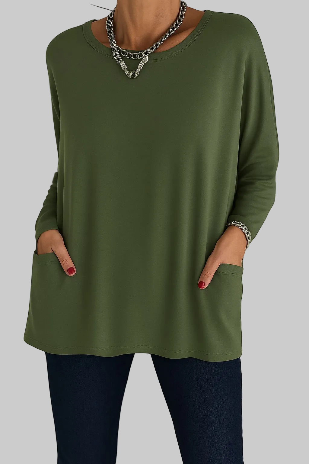 Relaxed Long Tunic Top with Round Neck and Front Pockets