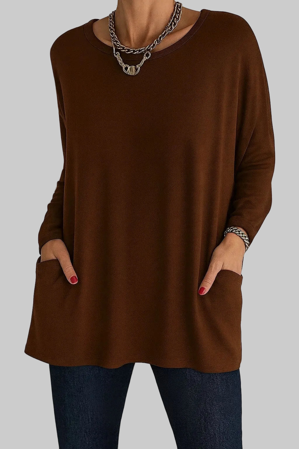 Relaxed Long Tunic Top with Round Neck and Front Pockets