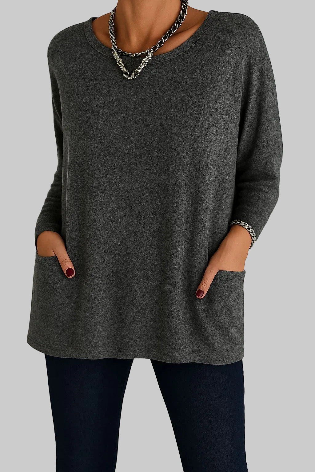 Relaxed Long Tunic Top with Round Neck and Front Pockets