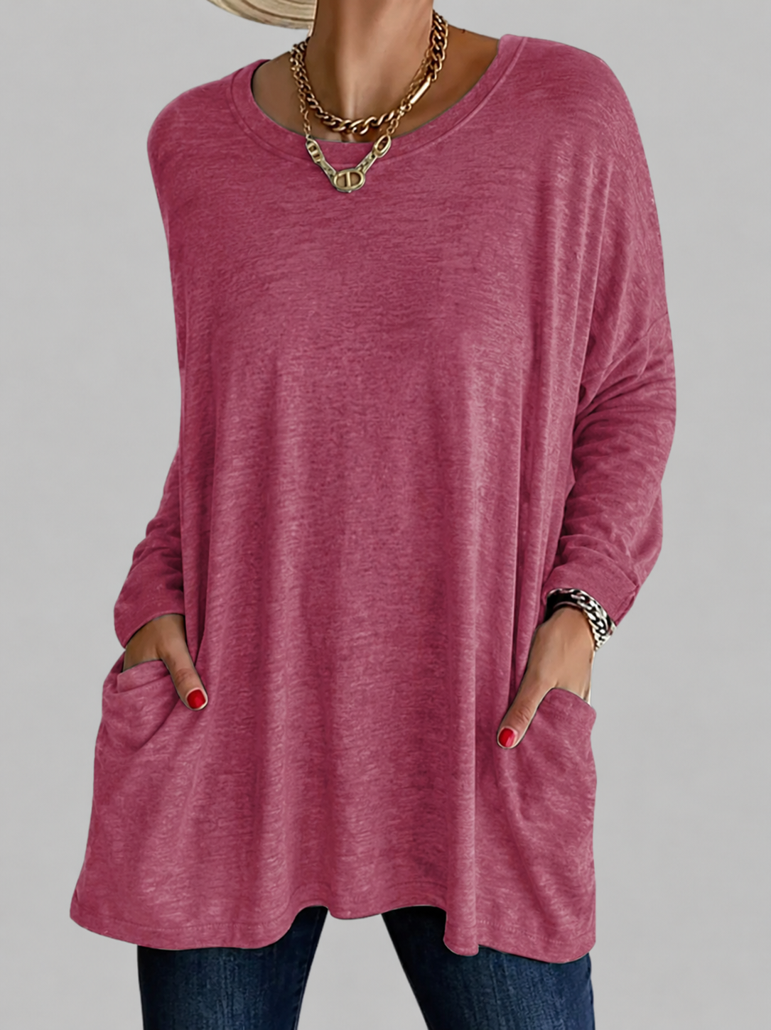 Relaxed Long Tunic Top with Round Neck and Front Pockets