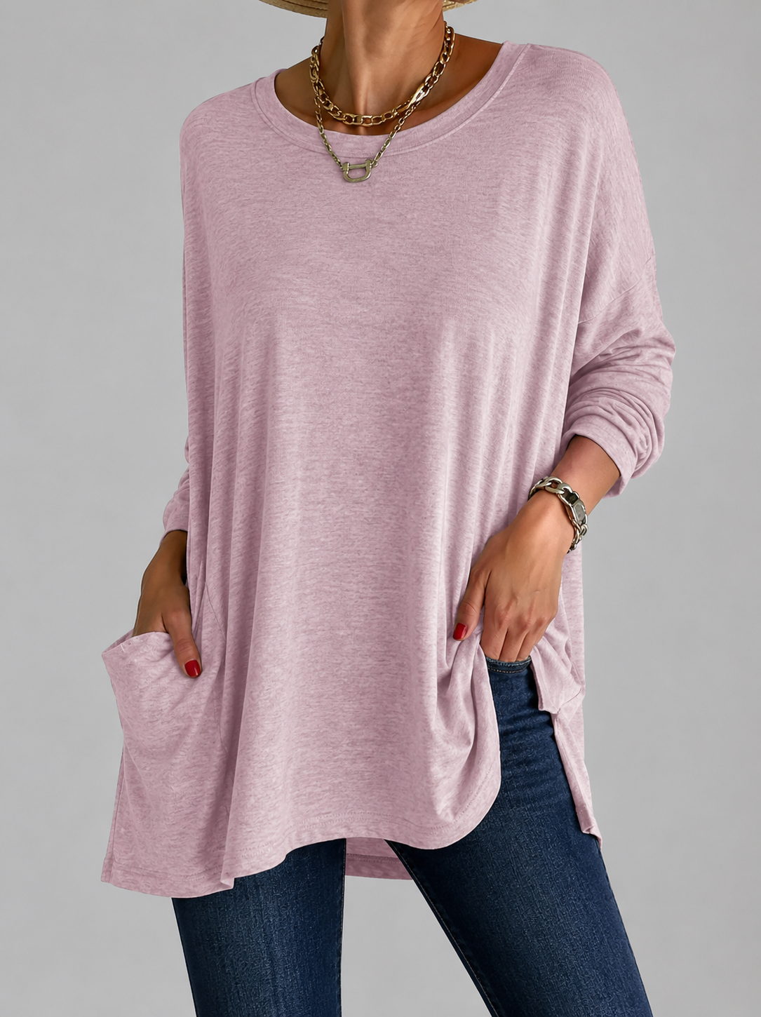 Relaxed Long Tunic Top with Round Neck and Front Pockets