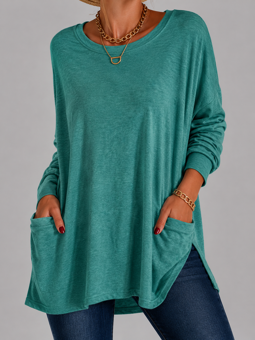 Relaxed Long Tunic Top with Round Neck and Front Pockets