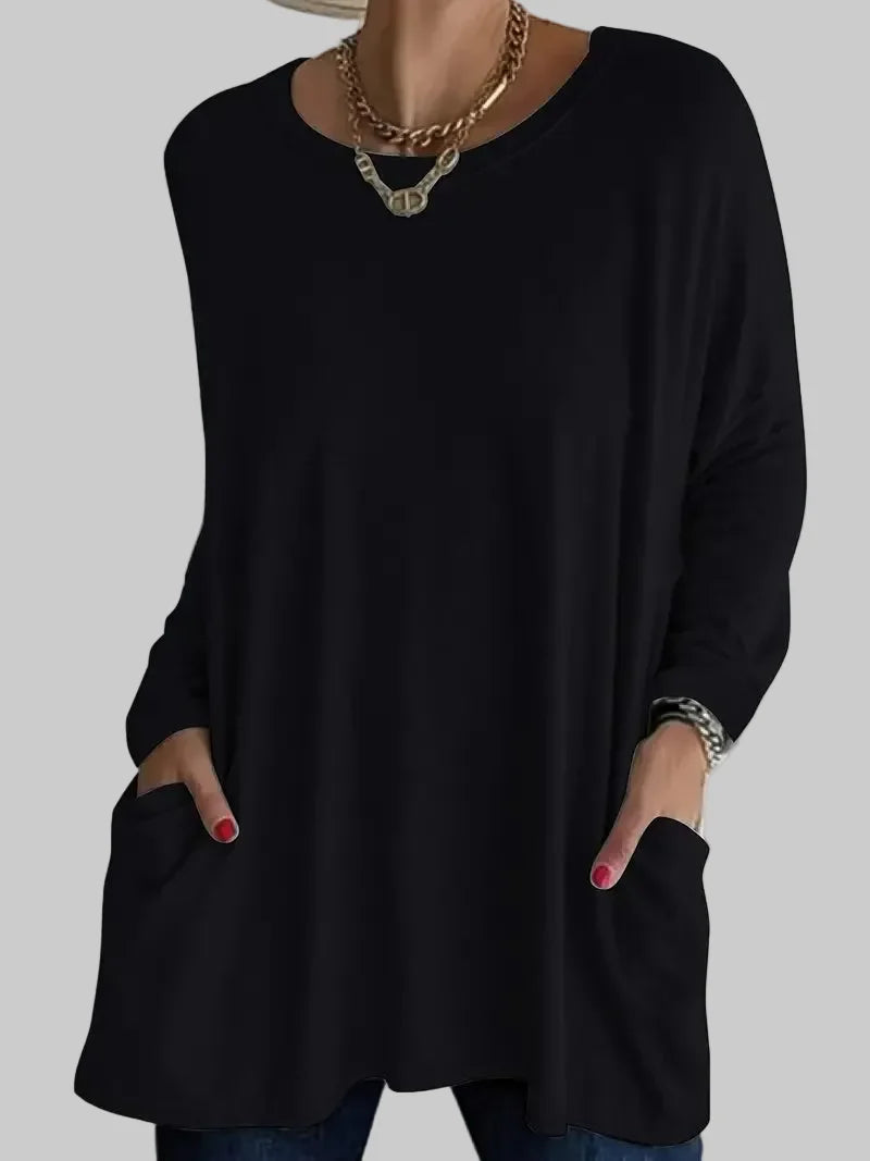 Relaxed Long Tunic Top with Round Neck and Front Pockets