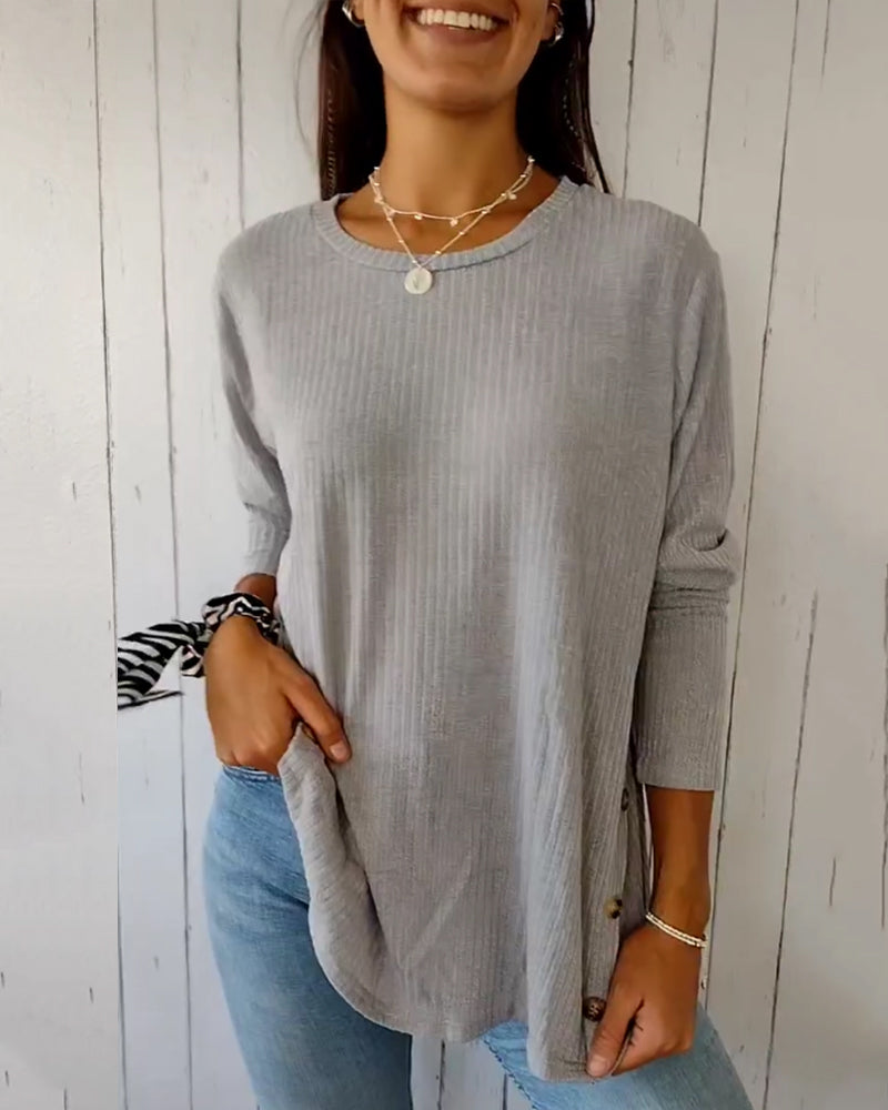 Comfortable Ribbed Knit Top with Side Button Detail