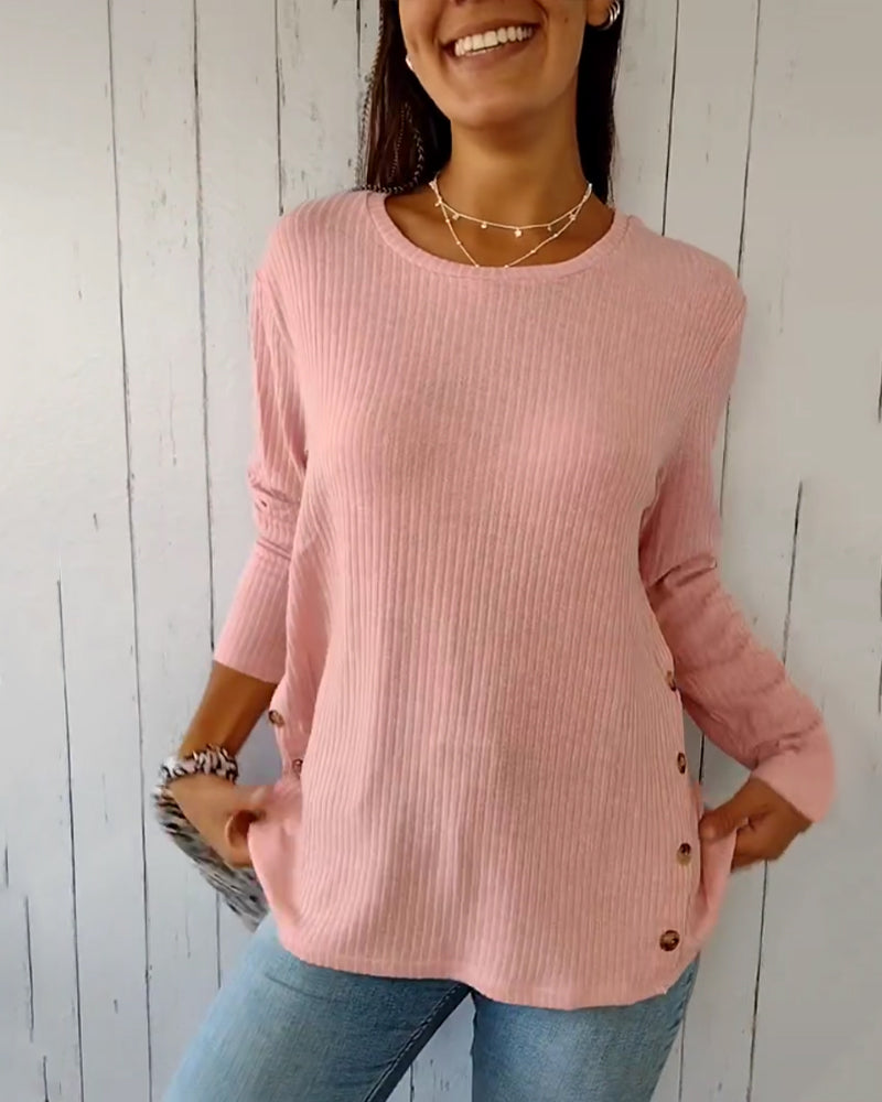 Comfortable Ribbed Knit Top with Side Button Detail