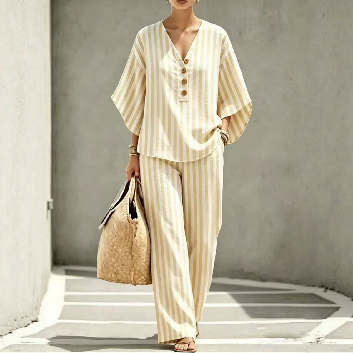 Relaxed Striped Linen Two Piece Set with V-Neckline and Wide Leg Trousers