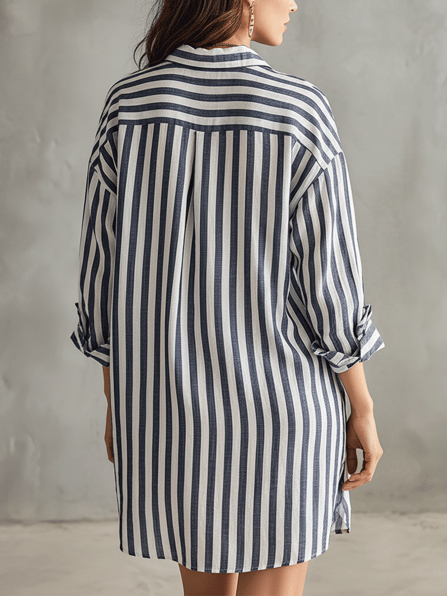 Relaxed Striped Shirt Dress with V-Neckline and Roll-Up Sleeves