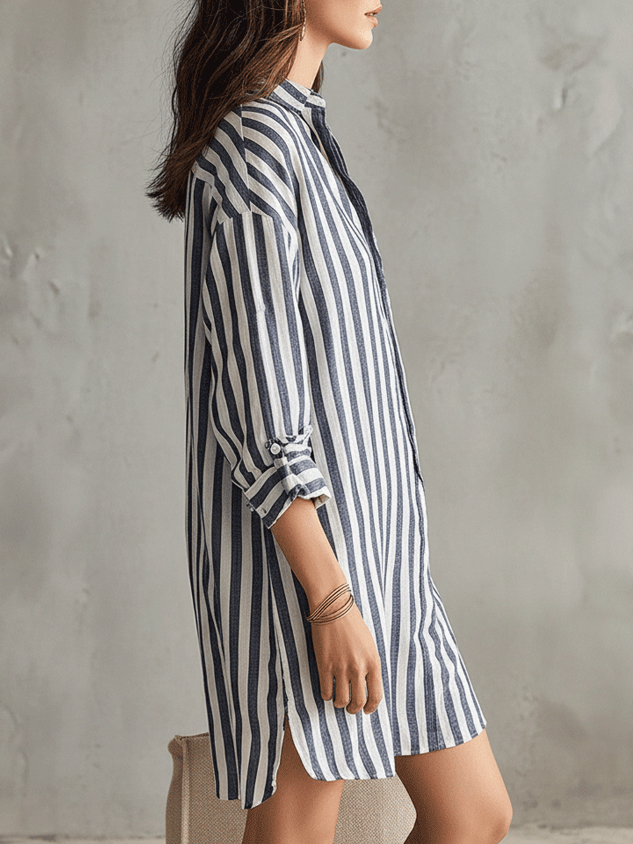 Relaxed Striped Shirt Dress with V-Neckline and Roll-Up Sleeves