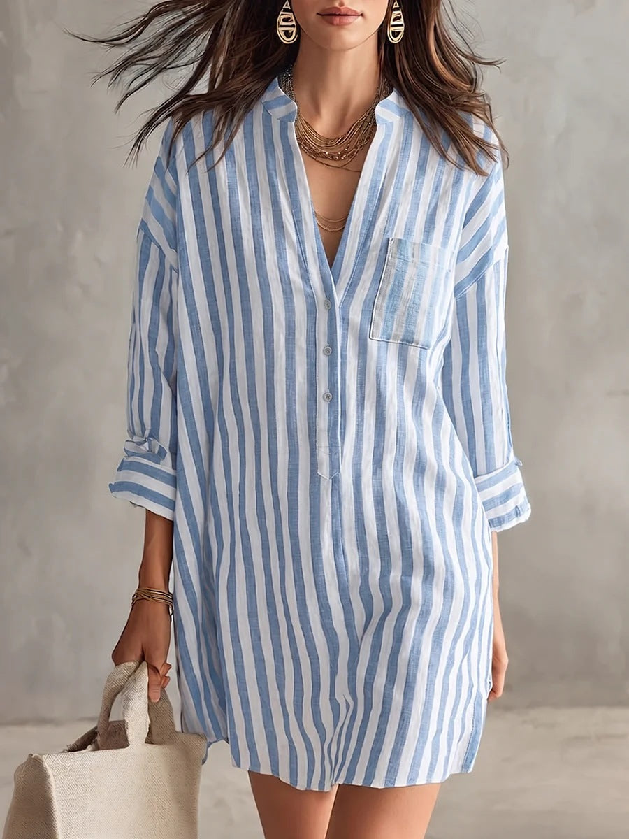 Relaxed Striped Shirt Dress with V-Neckline and Roll-Up Sleeves