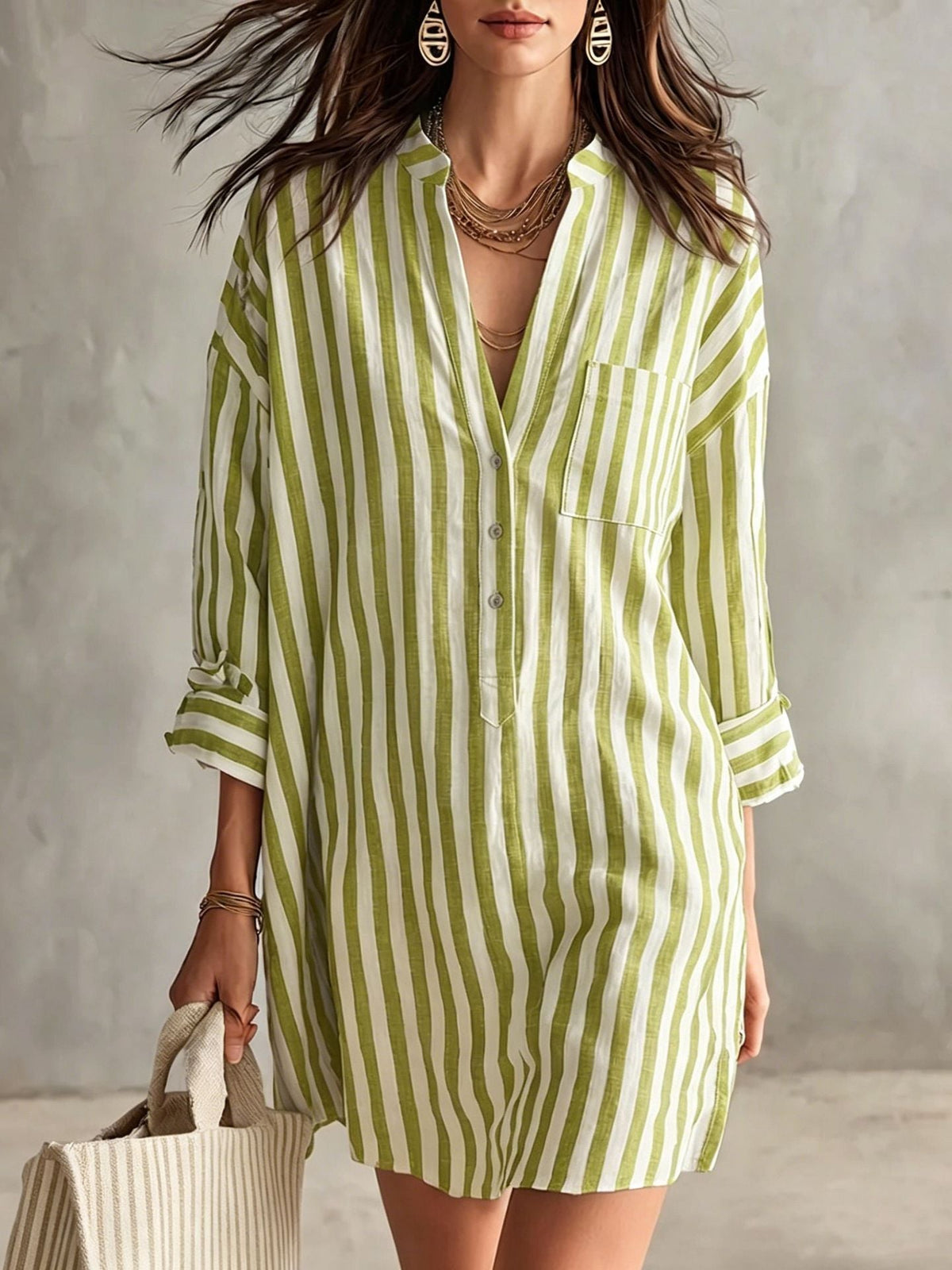 Relaxed Striped Shirt Dress with V-Neckline and Roll-Up Sleeves