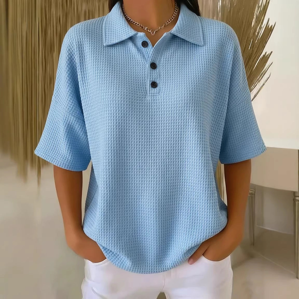 Relaxed Waffle Knit Polo Top with Collar and Button Placket