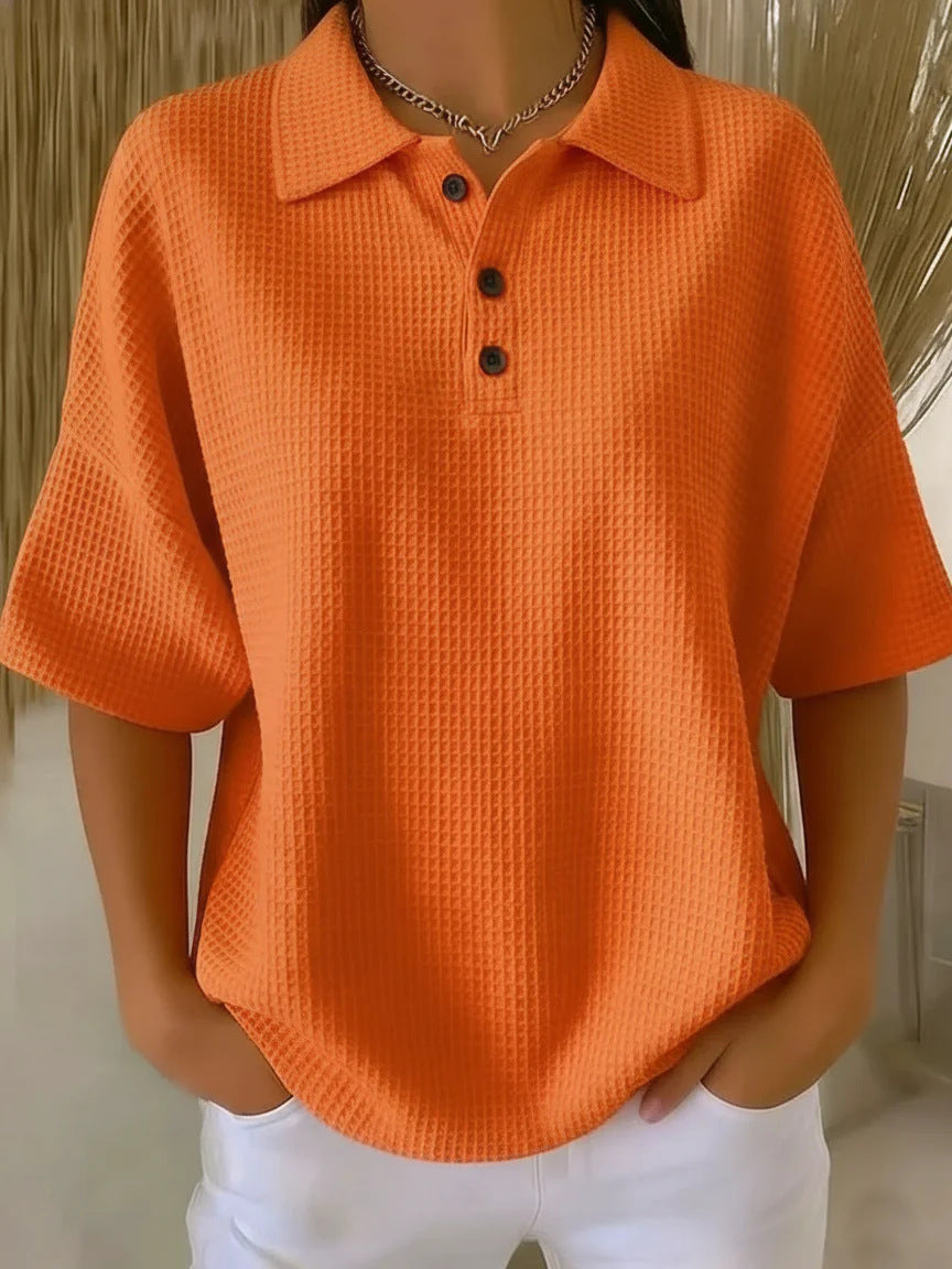 Relaxed Waffle Knit Polo Top with Collar and Button Placket