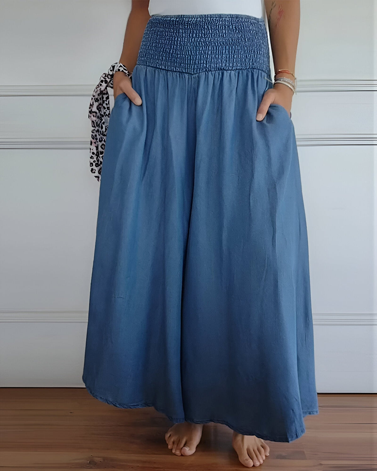 Relaxed Wide Leg Palazzo Pants with Smocked Waist and Pockets