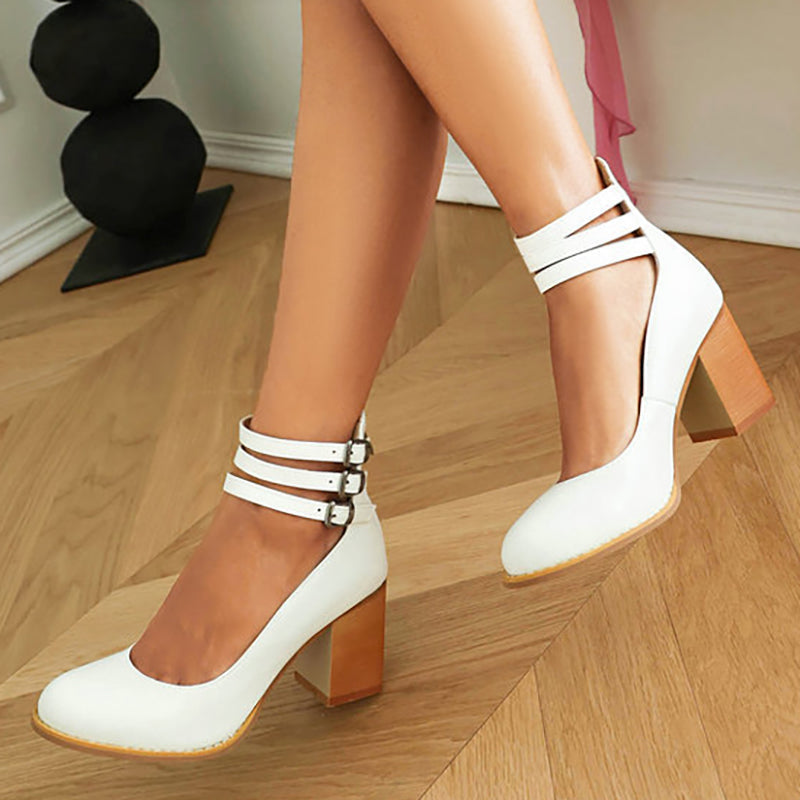 Retro Block Heel Pumps with Triple Buckle Ankle Strap