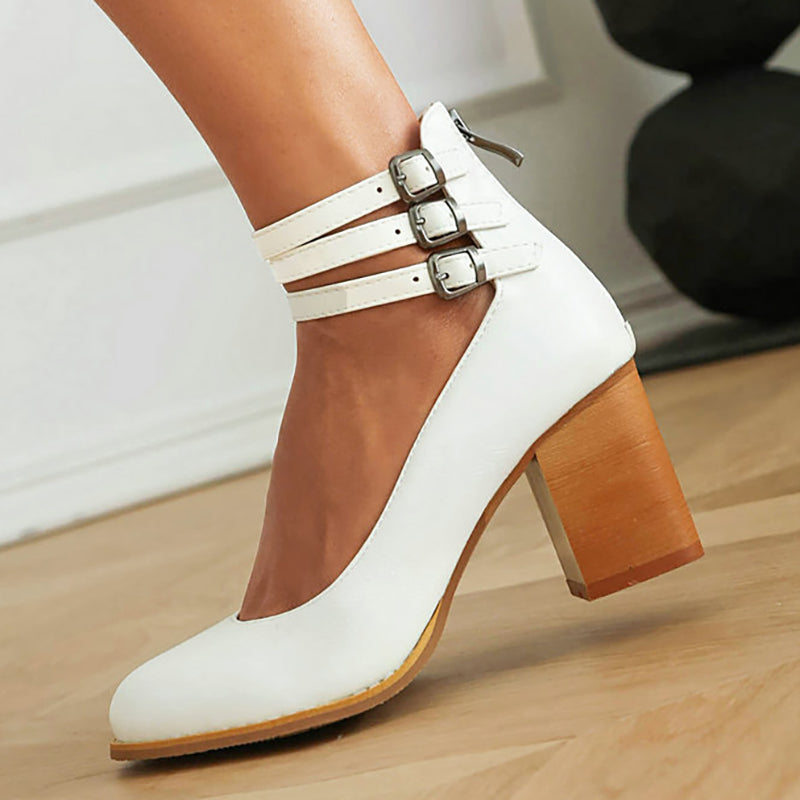 Retro Block Heel Pumps with Triple Buckle Ankle Strap