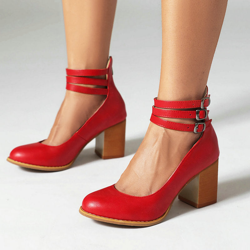 Retro Block Heel Pumps with Triple Buckle Ankle Strap