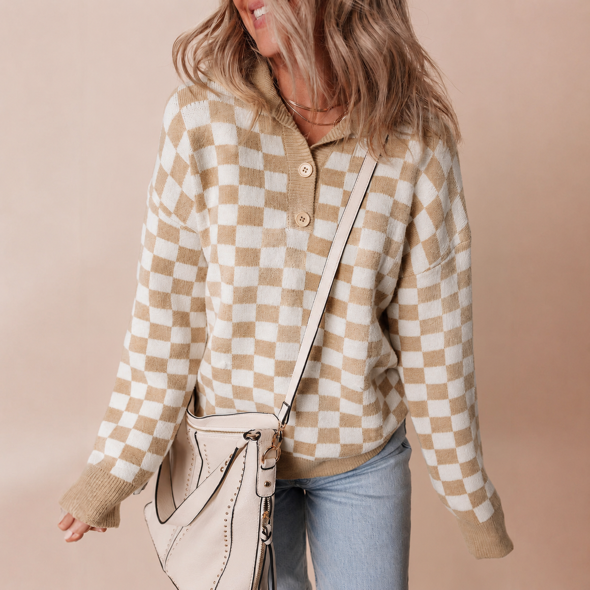 Retro Checkerboard Knit Sweater with Collared Neck and Button Detail